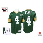 Mitchell and Ness Green Bay Packers 4 Men's Brett Favre Authentic Green Home Autographed 75th Patch Throwback Jersey