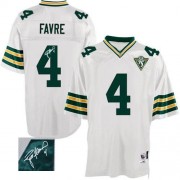 Mitchell and Ness Green Bay Packers 4 Men's Brett Favre Authentic White Road Autographed 75th Patch Throwback Jersey